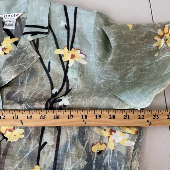 Citron Santa Monica Floral Top L Petite Green Silk Linen Button up Asian Art - Picture 6 of 11